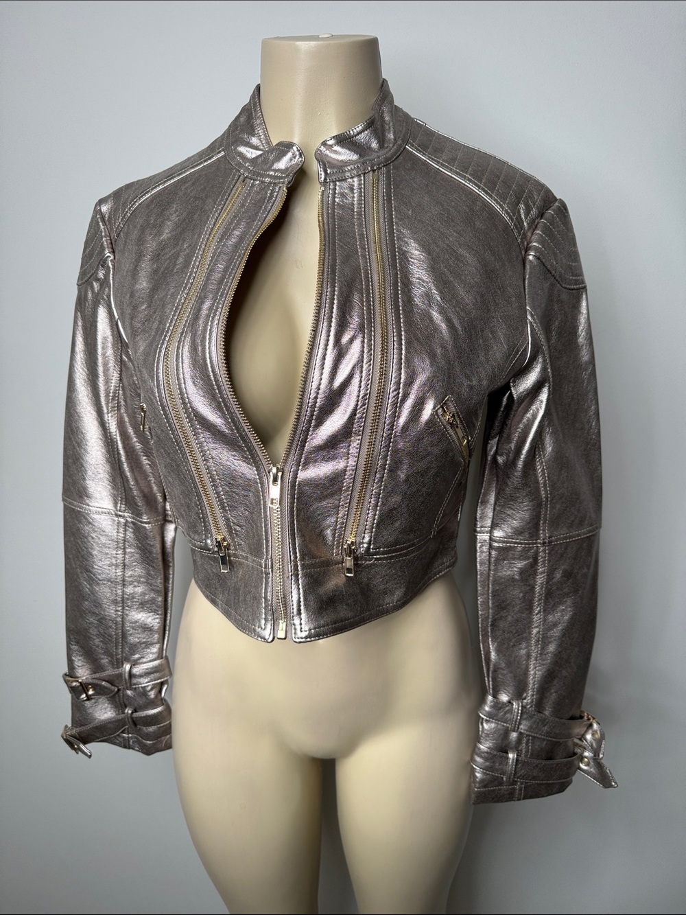 Womens Metallic Silver Cropped Leather Moto Jacket